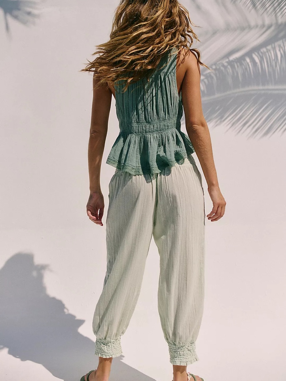 Free People Taye Smocked Cotton Capris - Soft Mint - Picture 3 of 4